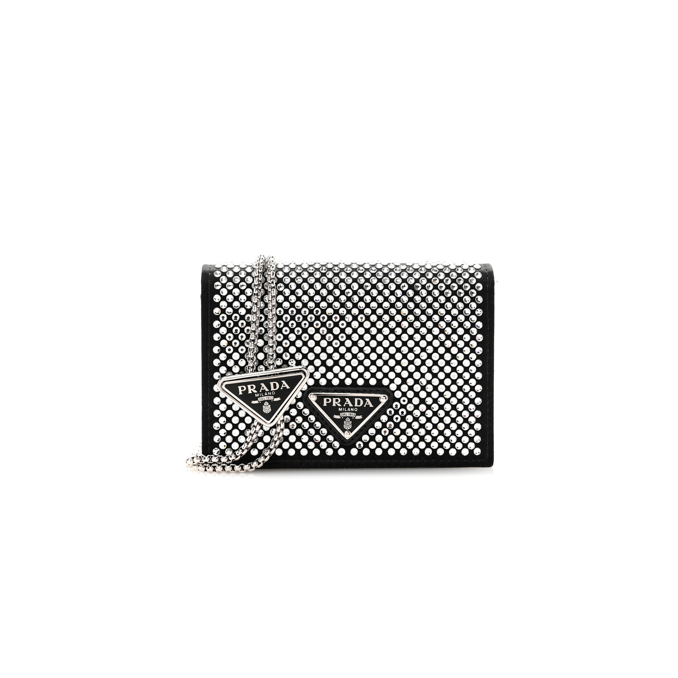 PRADA SATIN CRYSTAL METAL TRIANGLE LOGO CARD HOLDER WITH STRAP CRISTAL 1MR024 (11.5*8cm)